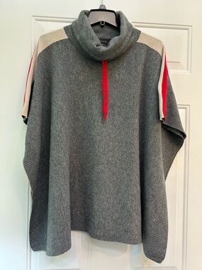 Tahari Gray Turtleneck Poncho with Red Drawcord and Cream and Red Shoulders OS